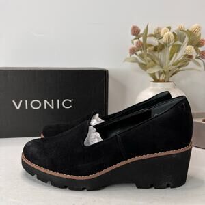 Vionic Willa Wedge Loafers Suede Slip On Black Women's 8.5 NWD Water Repellent